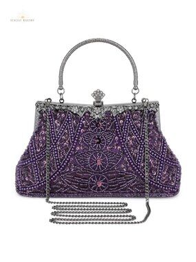 Beaded Sequin Rhinestone Satin Clutch Evening Bag Wristlet Crossbody Purse